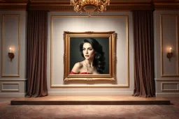 a very beautiful lady photo in pretty frame hanging a wall in a luxury galery stage with carpets in floor