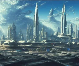 Spaceport on a heavy industrialized planet with a futuristic city in the background and a docked spaceship in the foreground, art by John Berkey, buildings with glass facades, Brutalität architecture, insanely detailed, vibrant, 8k uhd, cinematic atmosphere, ultra-wide angle, street level view, brush strokes, blue sky with clouds, sharp focus