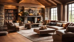 A rustic living room with wooden furniture, including a large, cushioned sofa and a wooden coffee table. The room has a single, stone fireplace, a woven rug on the wooden floor, and shelves filled with books and rustic decor. There are plaid curtains on the windows and warm, ambient lighting from table lamps. Beautiful award-winning photograph, 30mm focal length, adjust perspective, rule of thirds, balanced delightful composition, perfect light, chiaroscuro