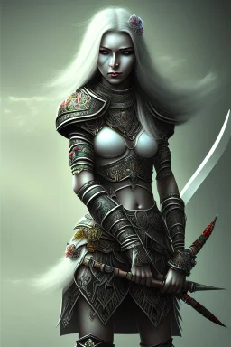 lady warrior with white top and black eyes and flower