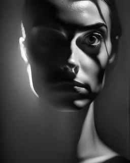 An enigmatic portrait of a figure emerging from the shadows, in the style of low-key photography, minimal lighting, strong contrasts, and a focus on the subject's eyes and facial expression, inspired by the works of Bill Brandt and David Bailey, creating an air of mystery and intrigue.