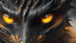 Close-up of gorgeous orange black dragon with glowing yellow eyes enveloped in silver fog