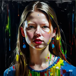 Portrait of actress Mia goth wearing a candy necklace, palette knife painting g