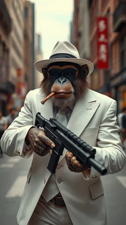 A monkey wearing a white suit with white hat and a cigar in his mouth with a machine gun posing like a gangster in a big city street