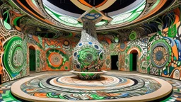 Una enorme instalación abstracta ocupa una plaza urbana, formada por patrones geométricos entrelazados, círculos concéntricos, líneas ondulantes y formas florales repetitivas que cubren muros, suelo y mobiliario. En el centro, una estructura escultórica parece crecer como una planta artificial. Arte psicodélico contemporáneo, grafismo exuberante, repetición modular, ornamentación hipnótica, colores intensos y contrastados, superficies planas, composición envolvente, energía visual máxima, sensac