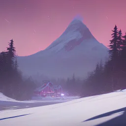 "Create an image of a tranquil mountain landscape covered in a blanket of snow. Include a cozy log cabin with smoke gently rising from its chimney and a clear, starry night sky overhead."and pink."