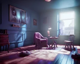 room scene with color hair big monster, realistic photo, sweet, Tim burton style, concept art, smooth, unreal engine 5, god lights, ray tracing, RTX, lumen lighting, ultra detail, volumetric lighting, 3d.