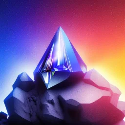 photograph of a (one massive colorful crystal:1.2) growing out of the rocky mountain, (focus on crystal:1.2), 4k, 8k, (highly detailed), ((landscape)),(translucent crystal:1.1), light going trough the crystal, bokeh, chromatic aberration, mountain view, blue and pink background