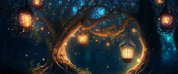 magical tree with lanterns in a magic forest, can be used as a backgroud