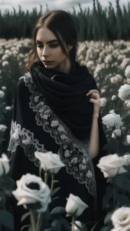 black lace scarf in a field of white roses.cinematic picture