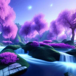 very beautiful crystal building , elegant, cascades, trees, atmospheric, realistic, cinematic lighting, pink blue light, 8k, galactic atmosphere, flowers