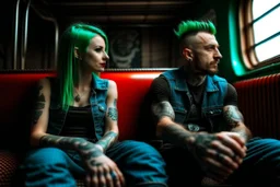 Un pareja punk, con crestas de colores azules y verdes beben unas latas de color rojo de Coca Cola, sentados en el vagón de tren abandonado y destartalado. Fotografía realizada con un cámara Leica. Objetivo de 50 mm