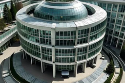 A semi-circular building with only 2 levels, in a 30-degree perspective in aerial view, where floor-to-ceiling windows on the second floor and glass finishes can be seen.