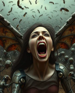 horror, hundreds of mechanical robot army ants, screaming woman, broken wings