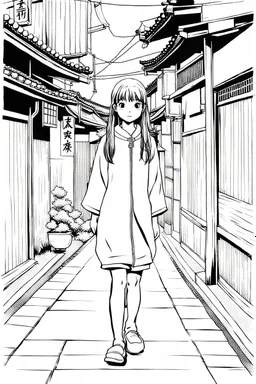 young girl walk trought Japanese alleys, line arts