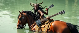 beholder tyrant riding a horse in a lagoon, goa folk electronica trance, latin breaks, guitar, sitar, indian vibes, fsol, close up portrait