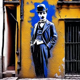 Candid photographs of the acter Charlie Chaplin on a wall in an alley of an ancient town, in a combined art style of generative art, calligraphic lines, rust debris, peeling yellow and blue paint, black and white portraits, distorted figures.