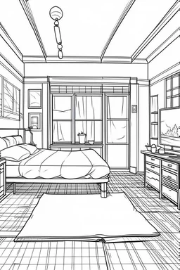 Outline art, simpl House interior design, bedroom, cartoon style, thick lines, low details, --ar 9:11