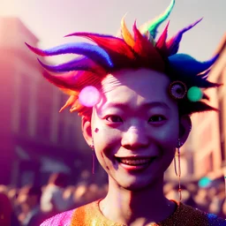 Ultra Realistic photo, medium shot view, drunken dancer Asian woman, carnival scene, monster hair, steampunk style. Red hair, confeti, smile, happy, festival, ovnis, gradient color fog. highly detailed, concept art, unreal engine 5, ray tracing, RTX, lumen lighting, ultra detail, volumetric lighting, 3d, finely drawn, high definition, high resolution.