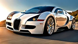 A sleek white shiny (((BMW Veyron))), its contours and details perfectly captured in a (((cinematic view))), zipping along a winding road under a beautiful blue sky