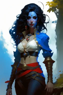 create an adult female air genasi from dungeons and dragons, black medium hair, light blue eyes, blue skin, wavy hair, wearing red leather clothing, full body, digital painting, high resolution, forest background, a bit zoomed out