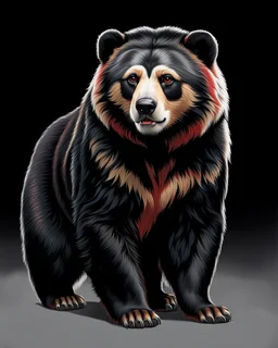 Art illustration lineal spectacled bear, Andean bear, art calidad ultra, hiperdetallado,12k, fondo negro, color blanco, rojo, negro y marrón full body