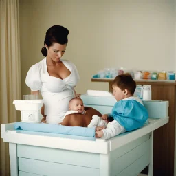 [photo by Evelyn Hofer] breastfeeding: the nurse she waits for the baby comfortably in pull-up diapers on the changing table, ready to drink