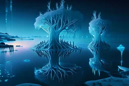 Ice blocks, one tree, night, lagoon reflection, sci-fi, epic,