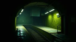 GAME CONCEPT ART .two poin perspective.Station platform and stairs from side .photograph inside of hole .very big ambient.gient station.Inside the old subway tracks, . Low light and closed green moss walls. Like the original design of the game space ,digital art.landscape,far camera old painting,2 Chen and George Hopper, Rembrandt lighting, a dark green color scheme, . --ar 13:16 --v 6. 0 metro game