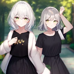 Clear focus, High resolution, light grey short hair, dark green eyes, wearing a black t-shirt and black skirt, fluffy hair, detailed outfit, really fluffy hair