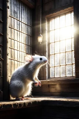 A thin, hairy, white mouse stands outside a large, half-timbered window with crystal droplets of water still on the window. The window opens about 60 cm wide. The mouse lifts its head slightly, looking up at the future through the post-apocalyptic horizon. A beam of sunlight slopes over the mouse, presenting a harmonious picture with the mouse's upright 45-degree gesture.