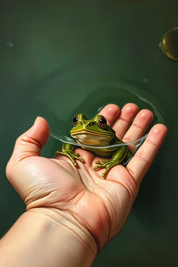 Bosch painting style nightmare a hand of baby in water trying to hold a frog inside the water in the background