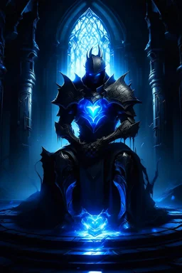 Inside a very dark castle, throne behind him, a towering figure stands with a body that seems noble but deeply corrupted, its armor cracked and pulsing with two distinct energies. A glowing blue heart sits exposed in the center of his chest, pulsating with a rhythmic, eerie light, as if keeping the battle between light and darkness alive. One side of his body glows with a cold, flickering blue light, while the other burns with fiery orange corruption. With both hands, he holds a giant blue sword