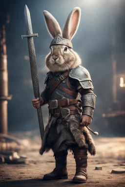 portrait of fast historic strong viking rabbit with horned viking helmet & boots holding ornate viking sword in fallout 4 setting, bokeh, downlight, prize winning, depth of field, in the style of ivo caprino