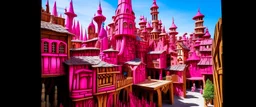 A magenta magical town made out of wood painted by Antoni Gaudi