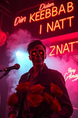 An spanish Guy with stalker big eyes "Enrique" performing at dance club, his name is the stalker "Enrique" Red roses On stage, red Neon lights and smog, and "Din KEBAB I NATT" big sign on the wall, serenade under balcony, ZORRO vibes