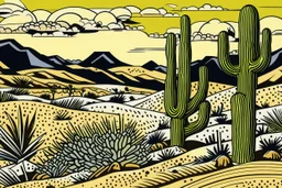 A tan sandy desert with cactuses painted by Roy Lichtenstein