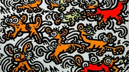 A white puffy sky with flying squirrels painted by Keith Haring