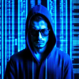 Cyber wizard using glasses with blue matrix backgroud