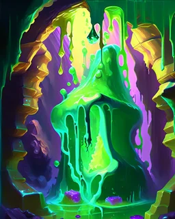 a slimy dripping gelatinous cube in vast cavern room painterly