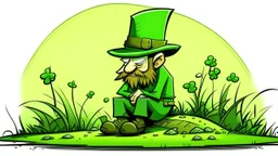 fantasy cartoon illustration: in the grass sits the tiniest man dressed in green from the tip of his toes to the top of his hat. It is a real live leprechaun!