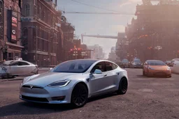 A Tesla 'Model Y' is drifting at high speeds, near the 'Pier 11' in Manhattan. (CINEMATIC, WIDE ANGLE LENS, PHOTO REAL)