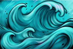 a background of surf waves with black linework, blue teal tones, surf culture, kawaii cute, soft edge. swirling in bottom right. add pink and magenta emotional graffiti over edges