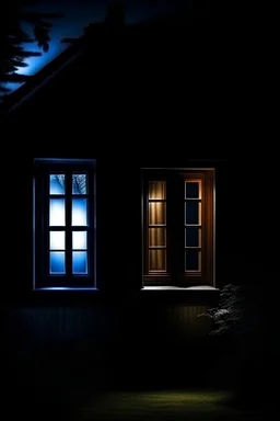 ночь, современный коттедж общим планом, в окне стоит жуткая женщина. хоррор арт