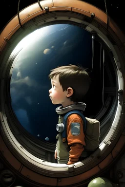 Stanley, the ten years boy was in the rocket and was looking through the porthole to Earth as it was moving away.