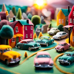 Close-up photograph of a diorama town made of felt, everything is fake, fake cars, fake people, sun, extreme detailed, volumetric light, movie shot, movie shot, noon-light, artistic photography, shot on Hasselblad, pastel colors