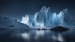 antarctica at night,glaciers,lakeside,8k, volumetric lighting, Dramatic scene,