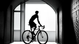 in a black-and-white photograph, a cyclist is silhouetted against the backdrop of a stark white building. the cyclist, positioned on the left side of the frame, is riding a bicycle towards the viewer. the bicycle is a stark black, with a white seat and handlebars. the cyclist is wearing a helmet, and their hands are casually placed on the handlebars. the building behind the cyclist is a stark white, with a large set of doors on the left side of the frame. the doors are a stark white, with a blac