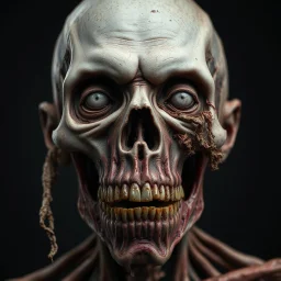 The face of the zombie shows the unmistakable mark of the macabre—a visage twisted by the grip of death. Pallid, decaying flesh clings to skeletal contours, revealing the ravages of time and decay. Vacant, milky eyes stare out from sunken sockets, devoid of the vitality that once animated them. Tattered shreds of desiccated skin drape across protruding bones, and the lips part to expose gnarled, yellowed teeth. A haunting stillness lingers in the gaze, betraying the absence of the life that onc