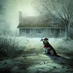 sad, scared, lonely dog tied with a short leash outside of a house, winter, 8k resolution, high-quality, fine-detail, intricate, digital art, detailed matte, volumetric lighting, illustration, 3D octane render, brian froud, howard lyon, selina french, anna dittmann, annie stokes, lisa parker, greg rutowski